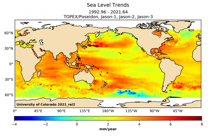 TOPEX Poseidon Jason carte de tendance du niveau de la mer par satellite